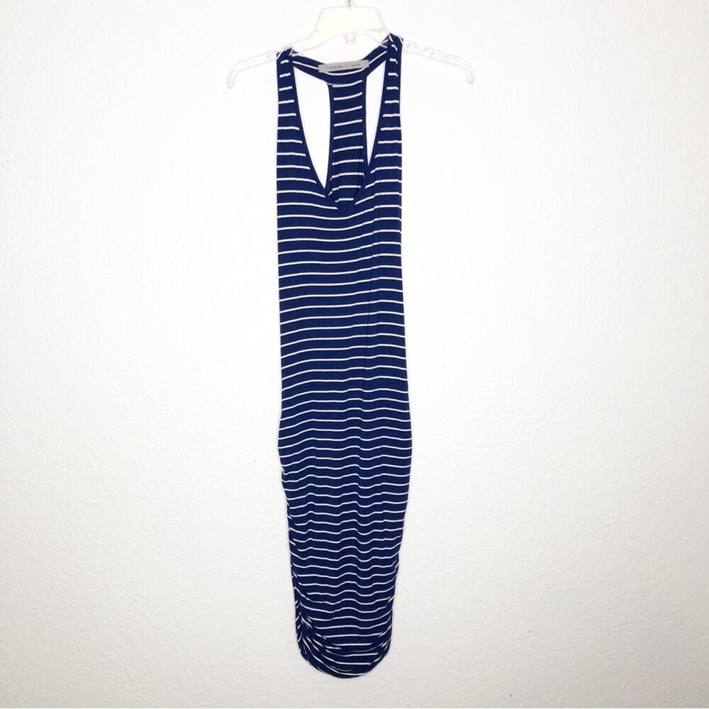 Athleta blue white striped ruched skirt racerback tank midi dress‎ size Medium